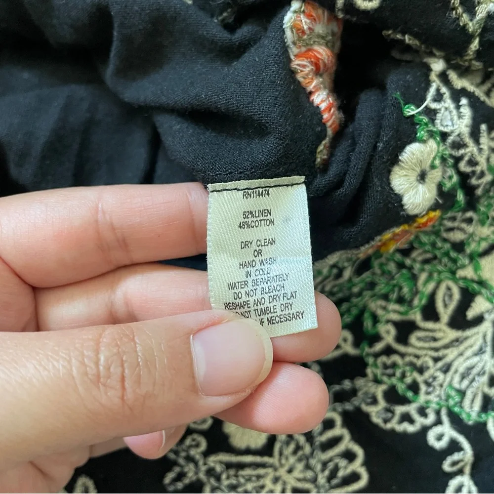 Future Paradise Linen Floral Embroidered String Waist Dress Black (Large) summer